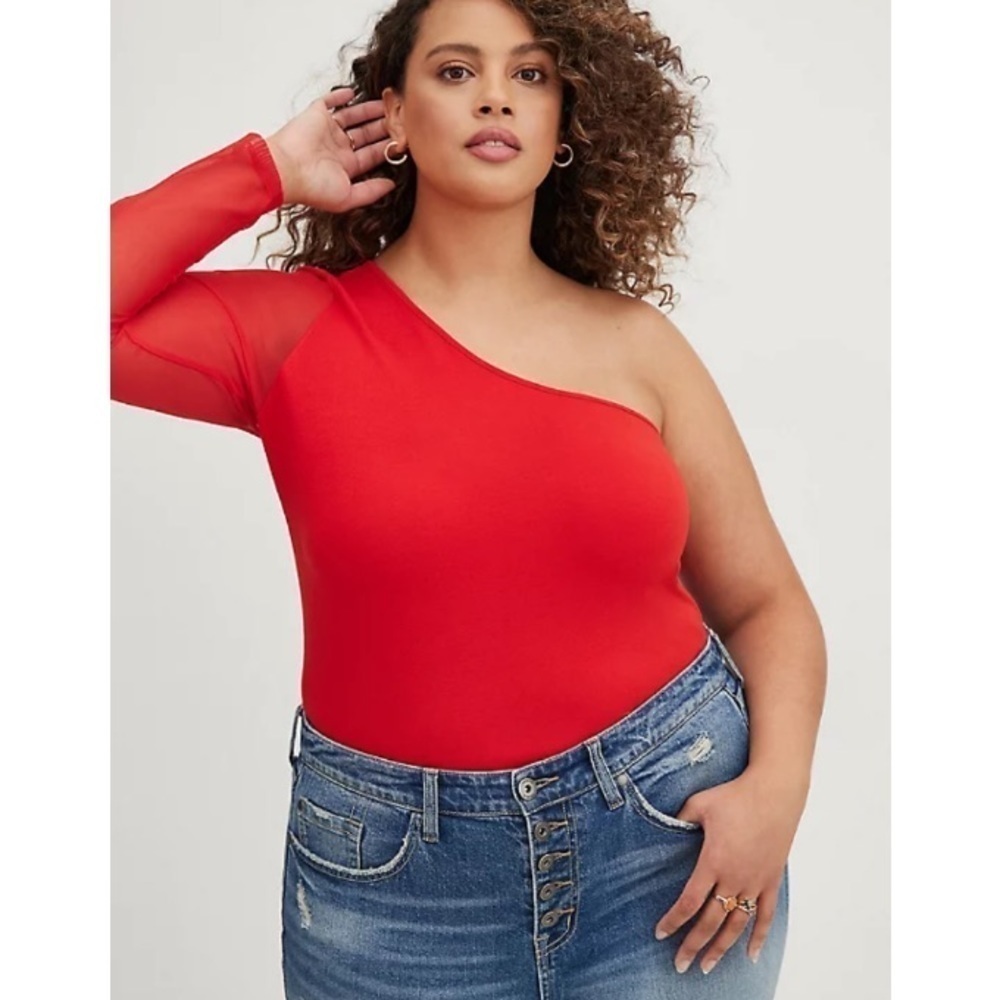 NWT Torrid Mesh One Shoulder Foxy Long Sleeve Red Top